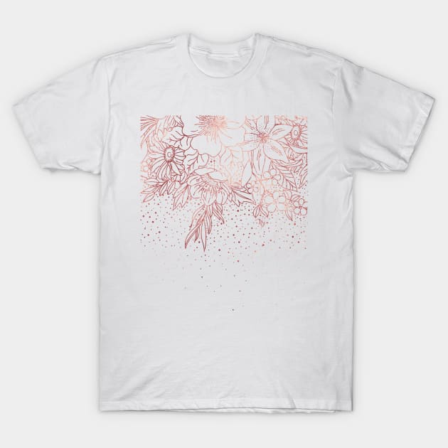 Rose gold hand drawn floral doodles and confetti design T-Shirt by InovArtS